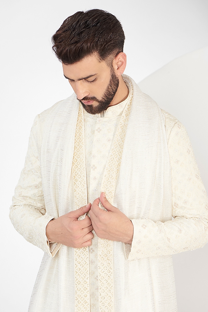 Cream Lucknowi Georgette & Cotton Silk Hand Embellished Groom Sherwani Set by Qbik Men at Pernia's Pop Up Shop