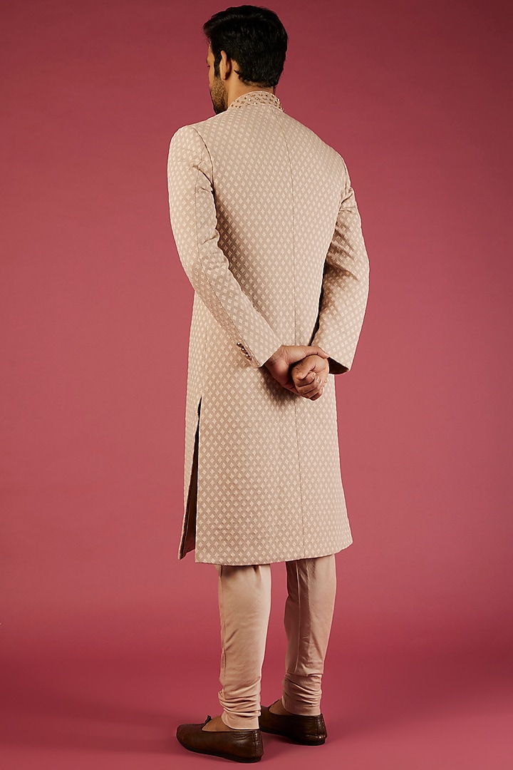 Beige Viscose Wedding Sherwani Set by Qbik Men at Pernia's Pop Up Shop