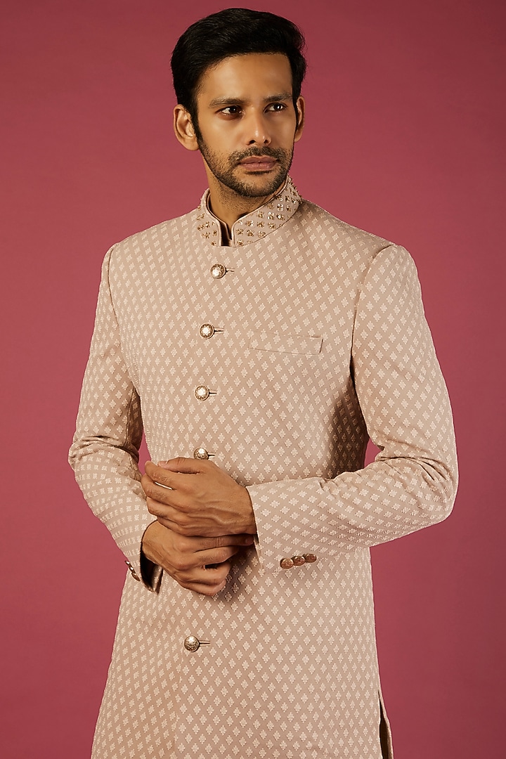Beige Viscose Wedding Sherwani Set by Qbik Men at Pernia's Pop Up Shop