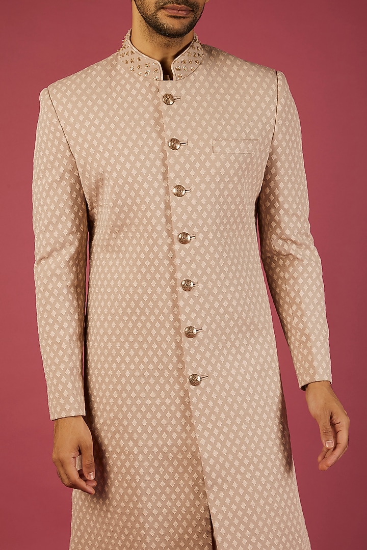 Beige Viscose Wedding Sherwani Set by Qbik Men at Pernia's Pop Up Shop