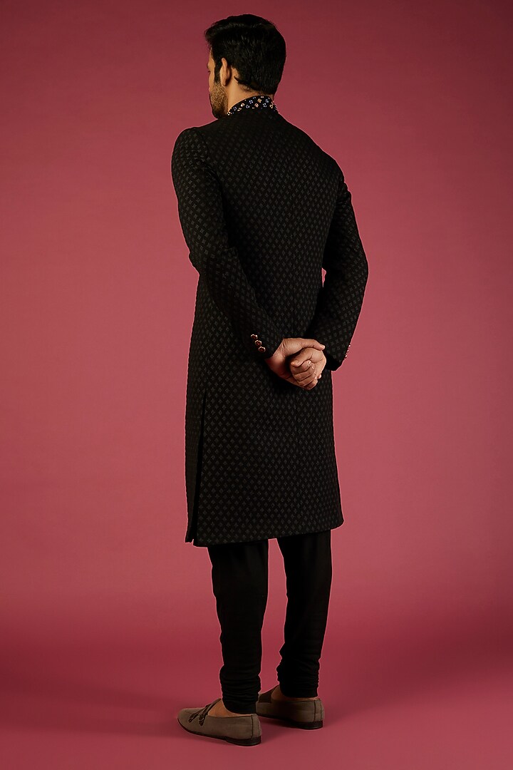 Black Viscose Wedding Sherwani Set by Qbik Men at Pernia's Pop Up Shop