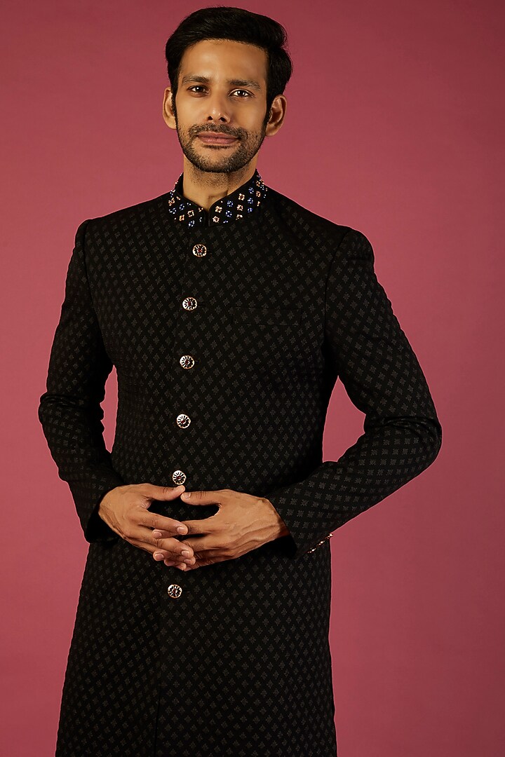 Black Viscose Wedding Sherwani Set by Qbik Men at Pernia's Pop Up Shop
