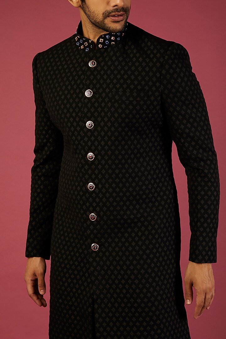 Black Viscose Wedding Sherwani Set by Qbik Men at Pernia's Pop Up Shop