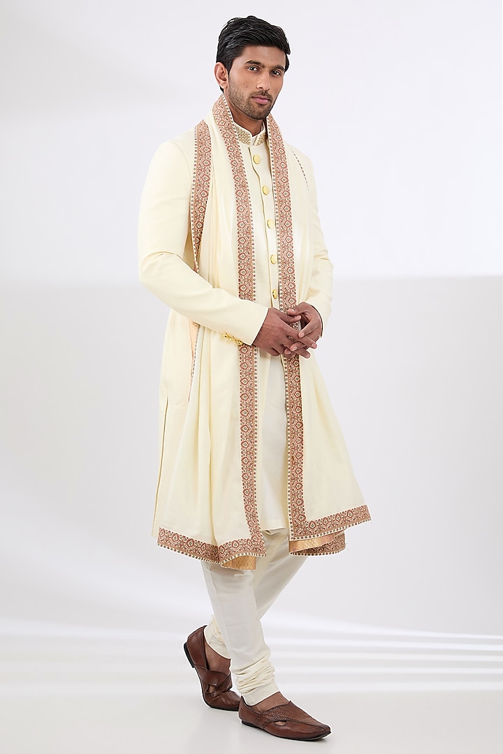 Cream Cotton Silk Embroidered Groom Sherwani Set by Qbik Men at Pernia's Pop Up Shop