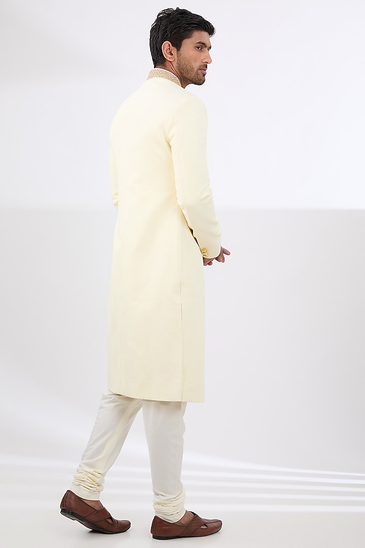 Cream Cotton Silk Embroidered Groom Sherwani Set by Qbik Men at Pernia's Pop Up Shop