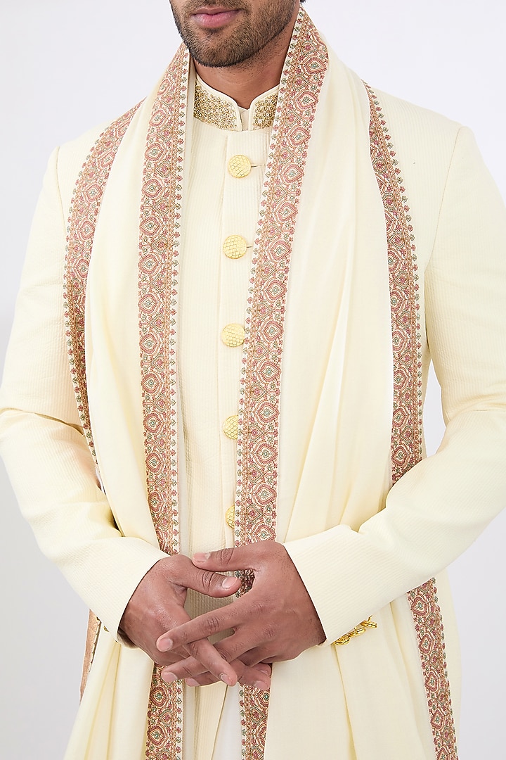 Cream Cotton Silk Embroidered Groom Sherwani Set by Qbik Men at Pernia's Pop Up Shop