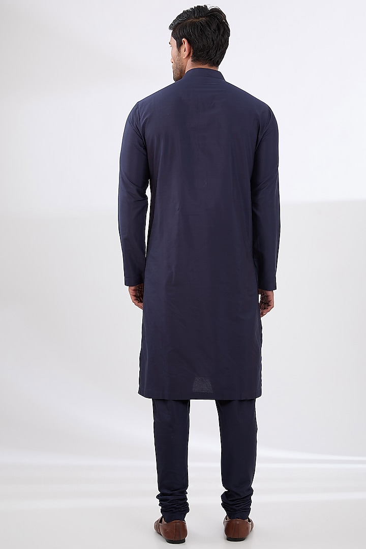 Navy Blue Cotton Silk Embroidered Groom Sherwani Set by Qbik Men at Pernia's Pop Up Shop