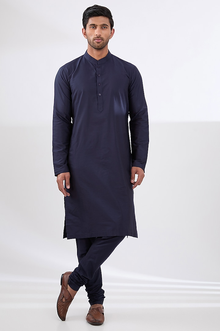 Navy Blue Cotton Silk Embroidered Groom Sherwani Set by Qbik Men at Pernia's Pop Up Shop