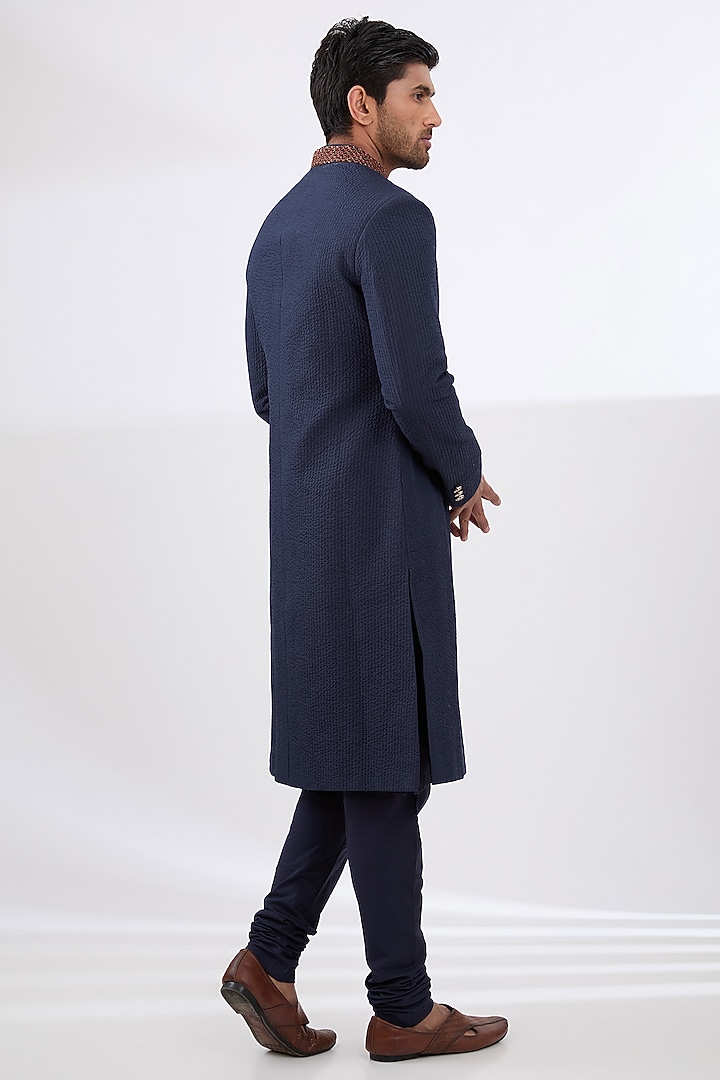 Navy Blue Cotton Silk Embroidered Groom Sherwani Set by Qbik Men at Pernia's Pop Up Shop