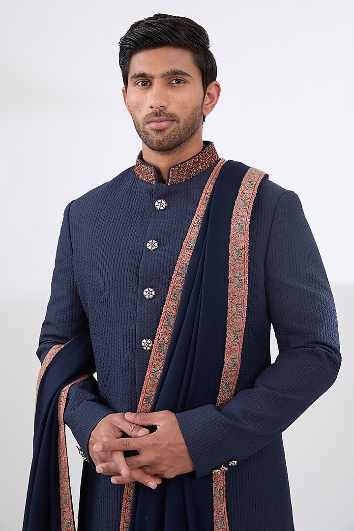 Navy Blue Cotton Silk Embroidered Groom Sherwani Set by Qbik Men at Pernia's Pop Up Shop