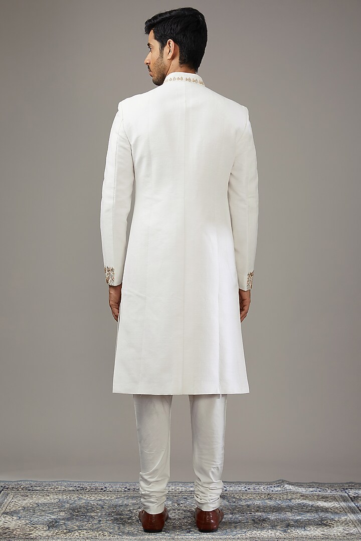 Ivory Matka Silk Embroidered Groom Sherwani Set by Qbik Men at Pernia's Pop Up Shop