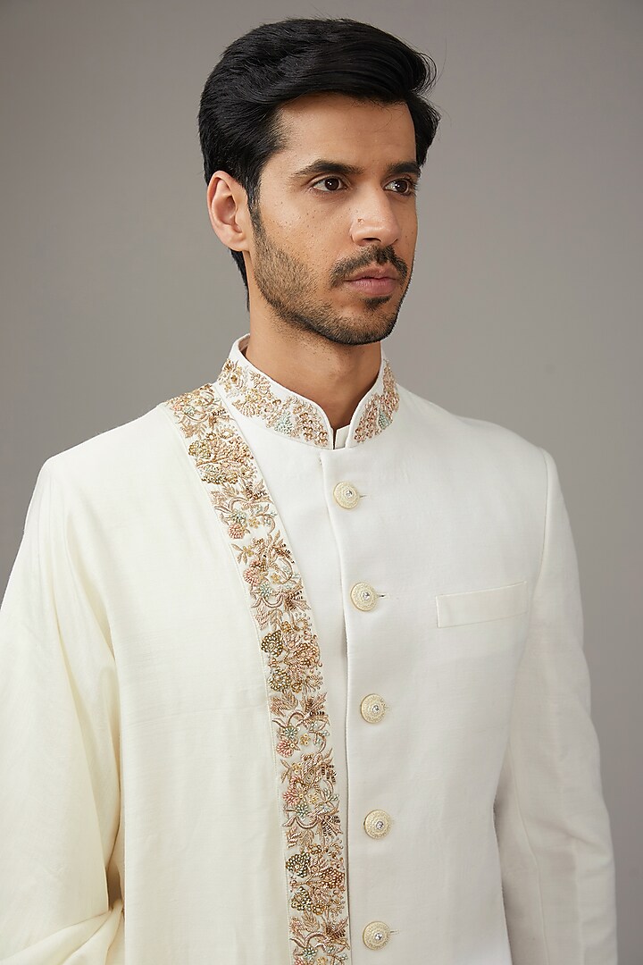 Ivory Matka Silk Embroidered Groom Sherwani Set by Qbik Men at Pernia's Pop Up Shop