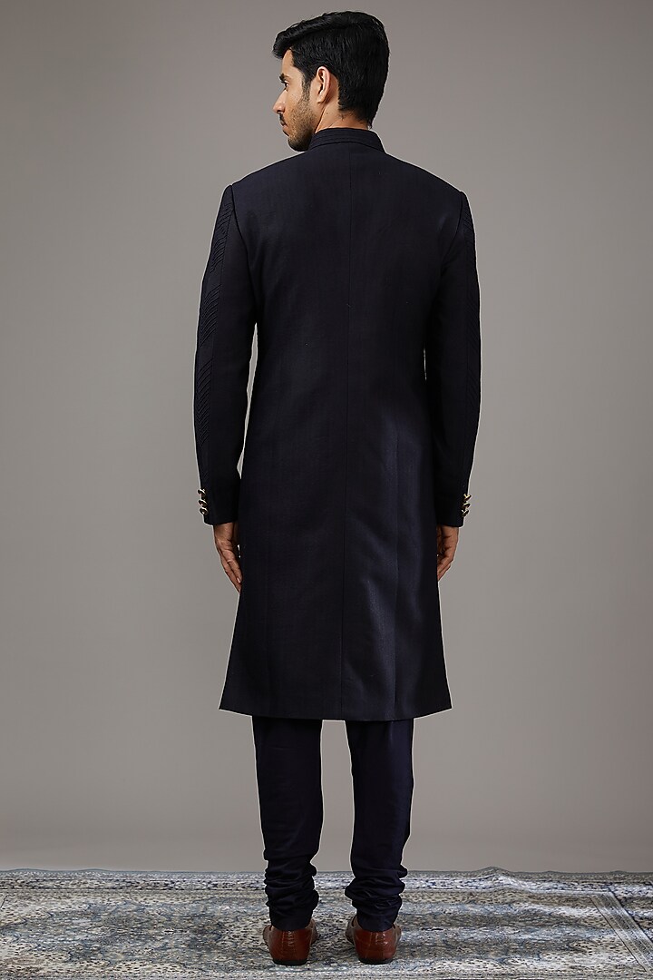 Navy Blue Cotton Silk Groom Sherwani Set by Qbik Men at Pernia's Pop Up Shop
