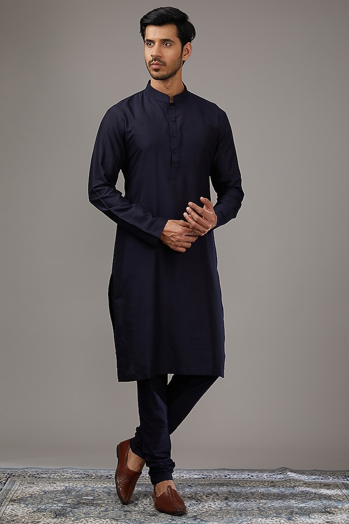 Navy Blue Cotton Silk Groom Sherwani Set by Qbik Men at Pernia's Pop Up Shop