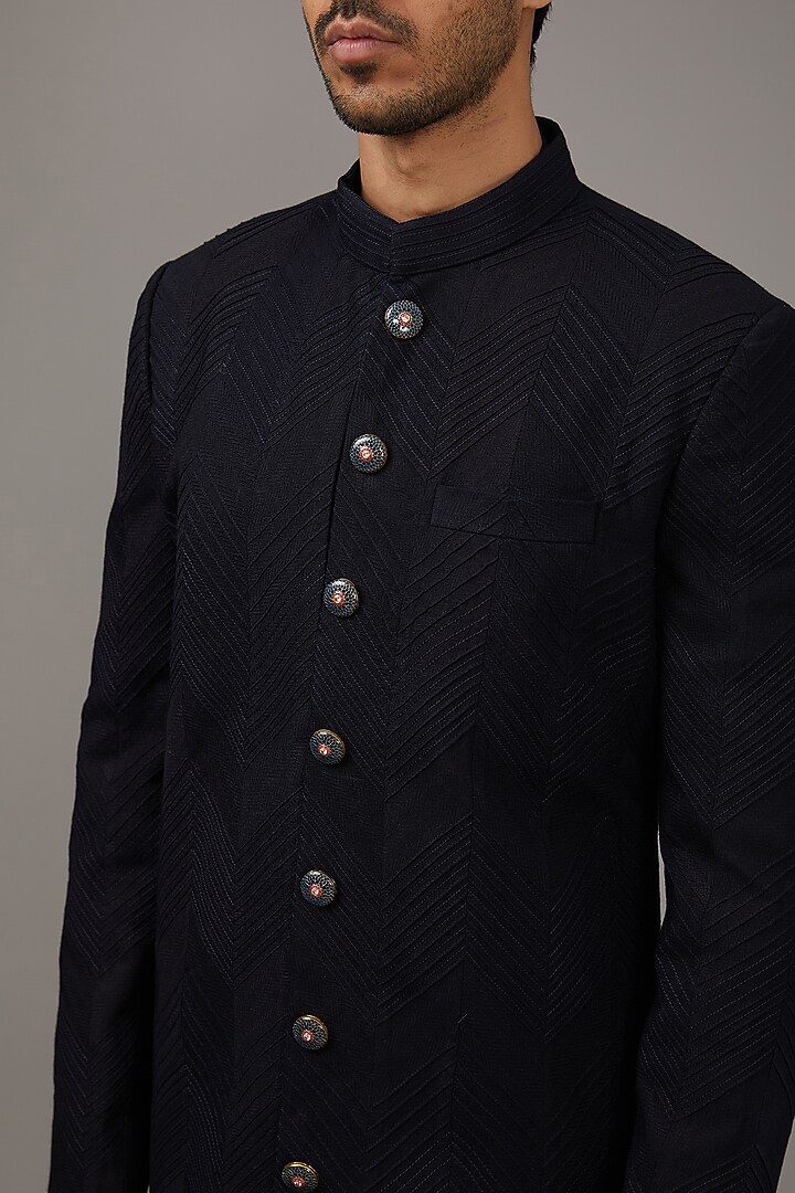Navy Blue Cotton Silk Groom Sherwani Set by Qbik Men at Pernia's Pop Up Shop