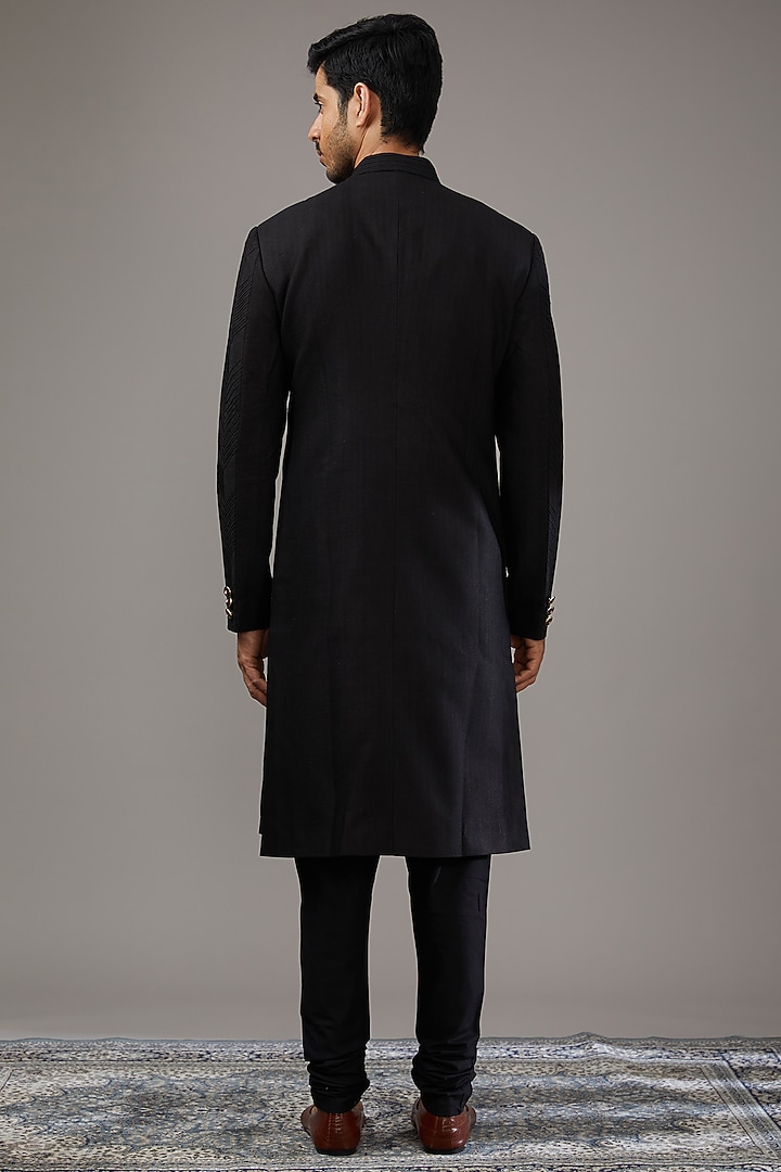 Black Cotton Silk Groom Sherwani Set by Qbik Men at Pernia's Pop Up Shop