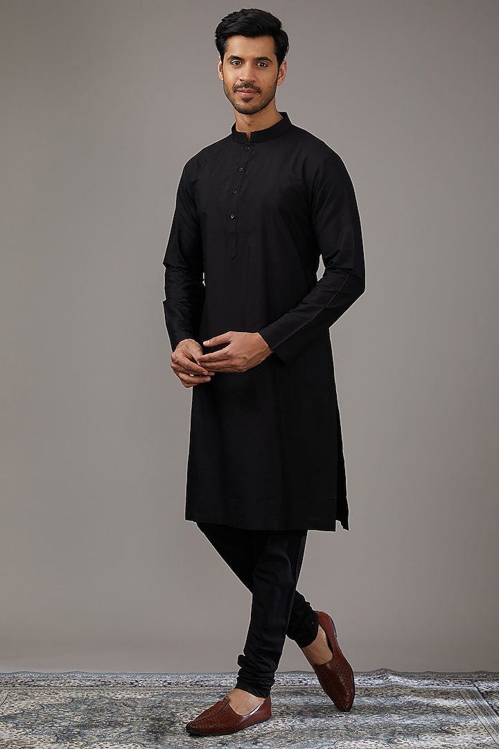 Black Cotton Silk Groom Sherwani Set by Qbik Men at Pernia's Pop Up Shop