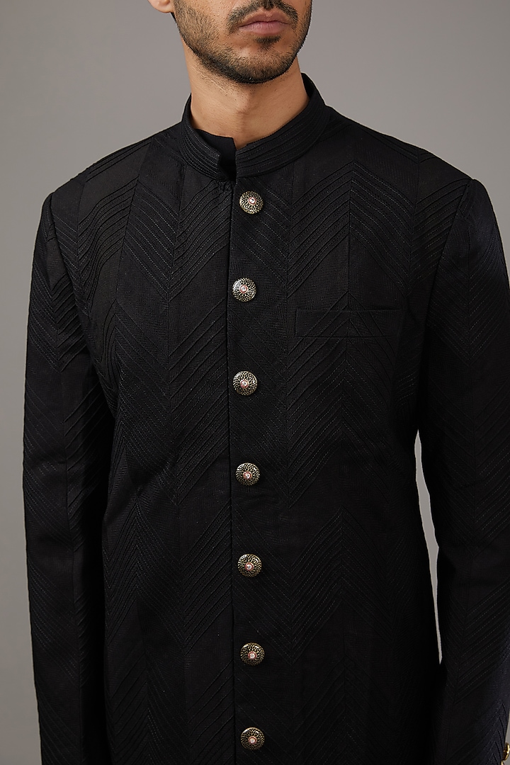 Black Cotton Silk Groom Sherwani Set by Qbik Men at Pernia's Pop Up Shop