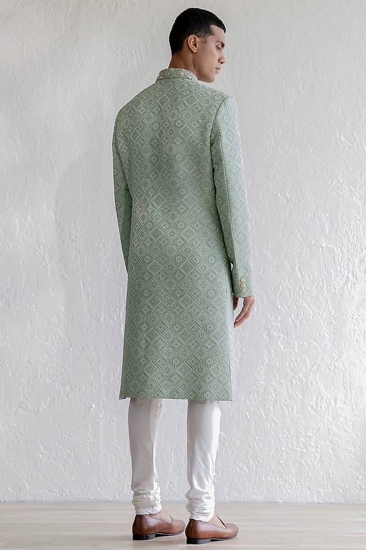 Mint Jacquard Embroidered Wedding Sherwani Set by Qbik Men at Pernia's Pop Up Shop