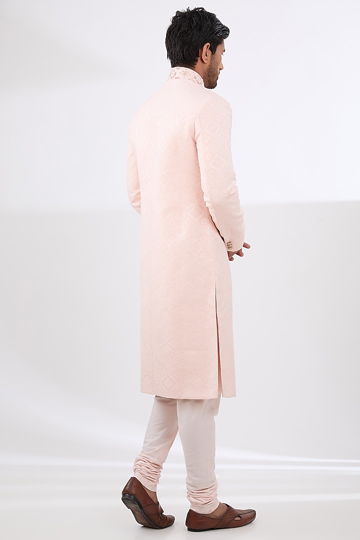 Peach Jacquard Embroidered Wedding Sherwani Set by Qbik Men at Pernia's Pop Up Shop