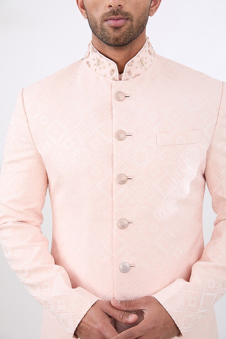 Peach Jacquard Embroidered Wedding Sherwani Set by Qbik Men at Pernia's Pop Up Shop
