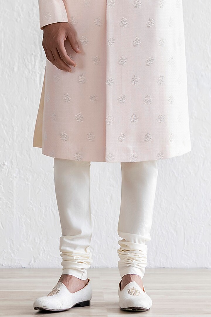 Light Pink Matka Cotton Embroidered Groom Sherwani Set by Qbik Men at Pernia's Pop Up Shop