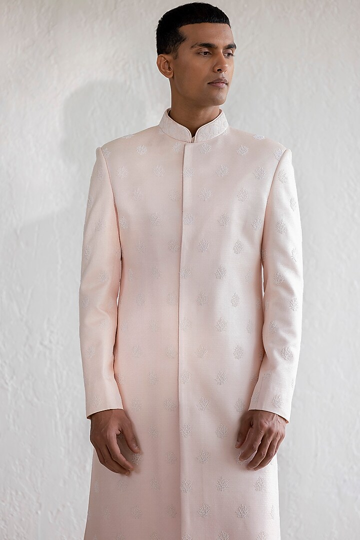 Light Pink Matka Cotton Embroidered Groom Sherwani Set by Qbik Men at Pernia's Pop Up Shop