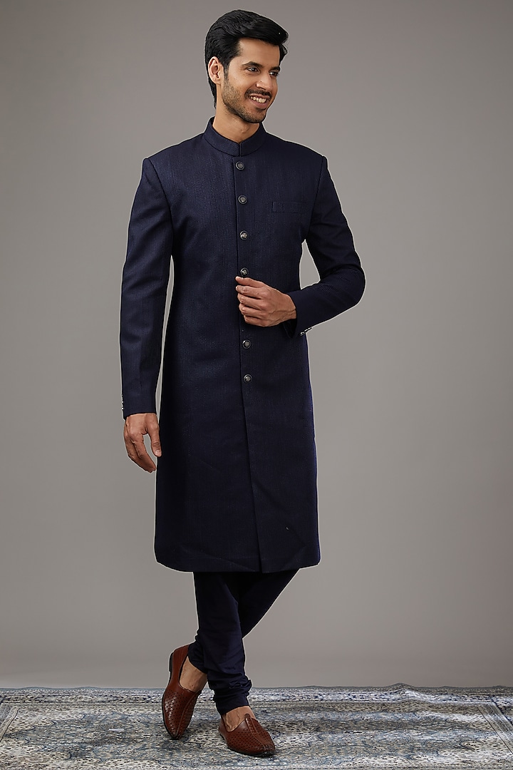 Navy Blue Cotton Silk Sherwani Set by Qbik Men