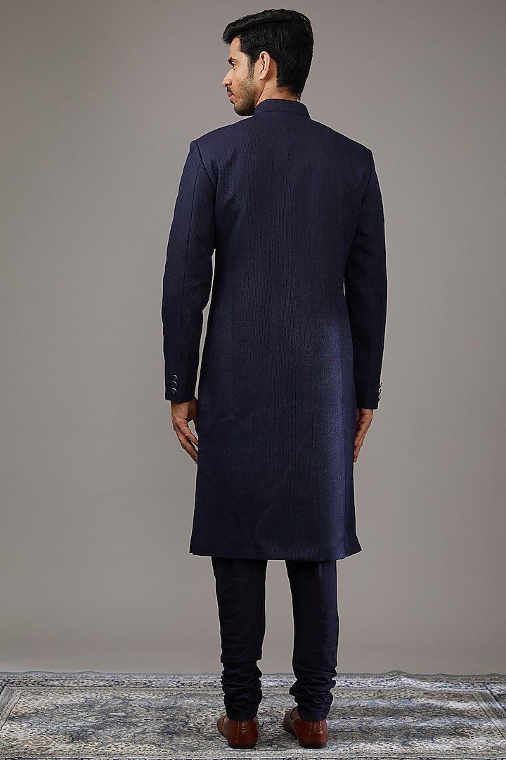Navy Blue Cotton Silk Groom Sherwani Set by Qbik Men at Pernia's Pop Up Shop