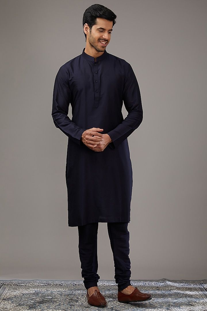 Navy Blue Cotton Silk Groom Sherwani Set by Qbik Men at Pernia's Pop Up Shop