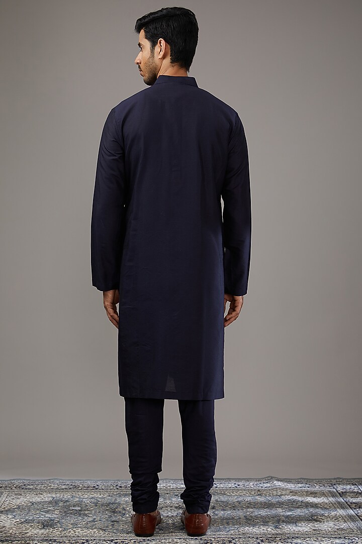 Navy Blue Cotton Silk Groom Sherwani Set by Qbik Men at Pernia's Pop Up Shop