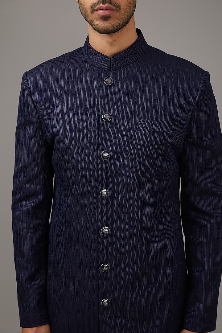 Navy Blue Cotton Silk Groom Sherwani Set by Qbik Men at Pernia's Pop Up Shop