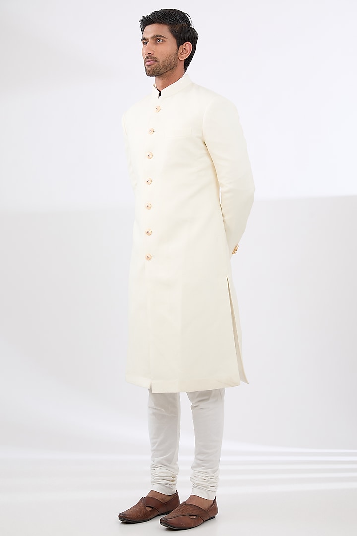 Ivory Wool Silk Embroidered Wedding Sherwani Set by Qbik Men at Pernia's Pop Up Shop