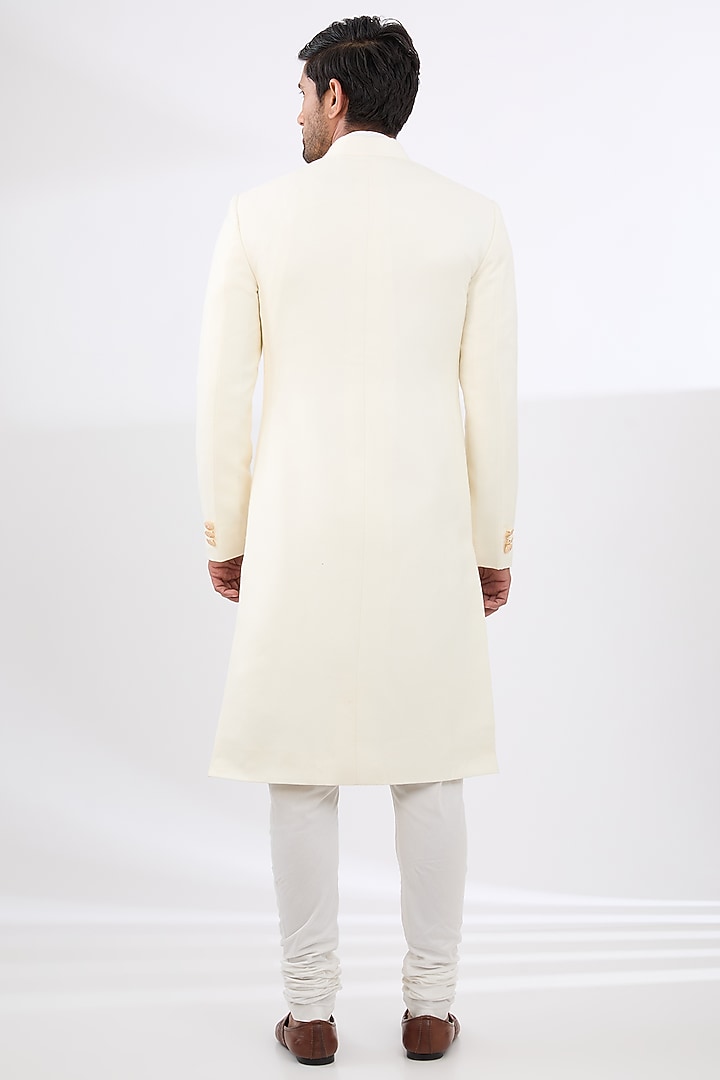 Ivory Wool Silk Embroidered Wedding Sherwani Set by Qbik Men at Pernia's Pop Up Shop