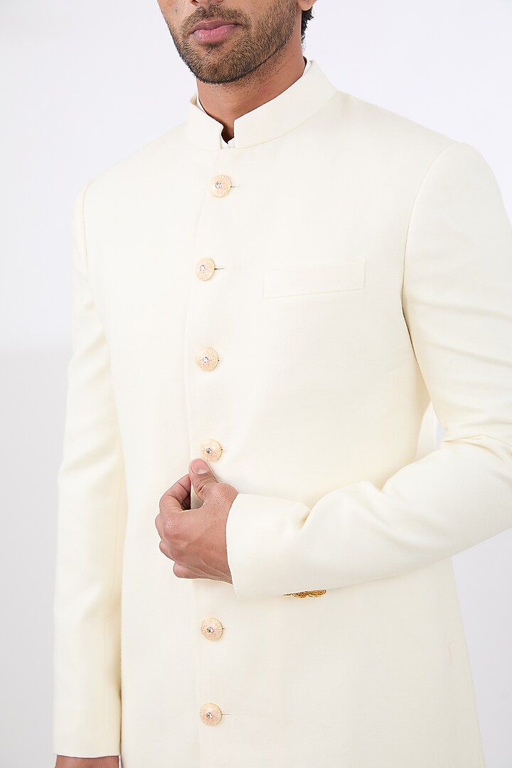 Ivory Wool Silk Embroidered Wedding Sherwani Set by Qbik Men at Pernia's Pop Up Shop