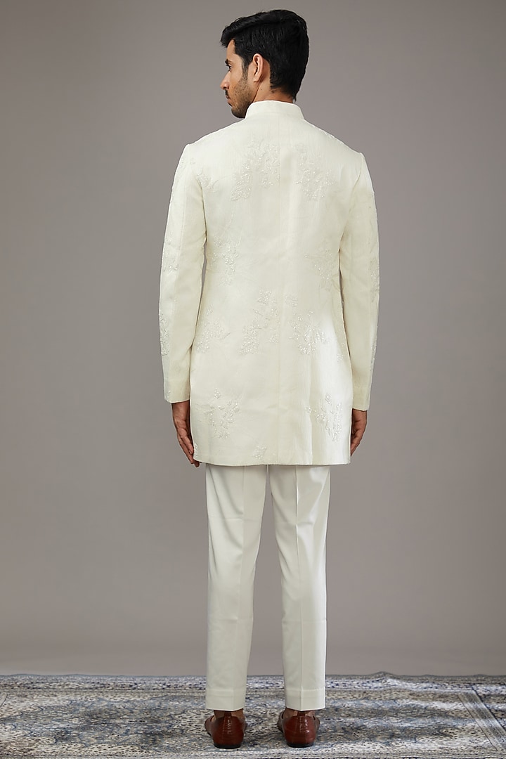Ivory Jacquard Cutdana Embroidered Groom Indowestern Set by Qbik Men at Pernia's Pop Up Shop