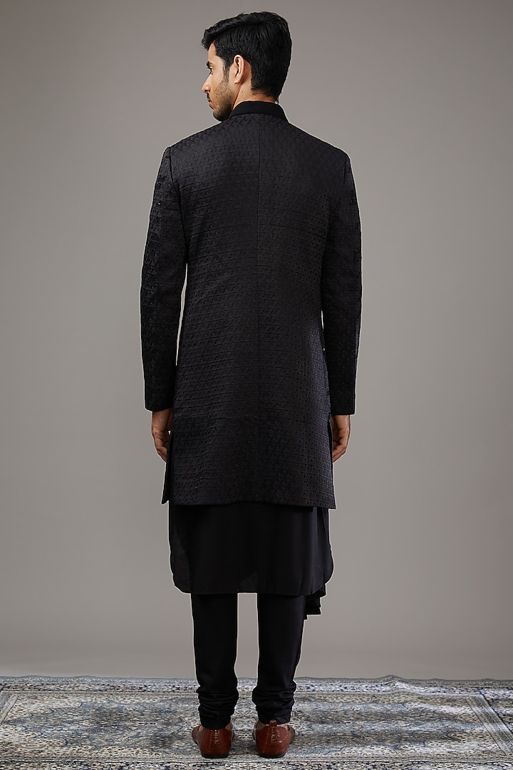 Black Jacquard Embroidered Groom Indowestern Set by Qbik Men at Pernia's Pop Up Shop