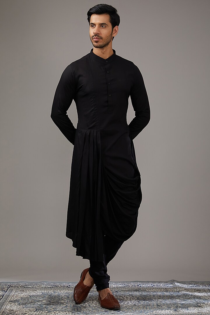 Black Jacquard Embroidered Groom Indowestern Set by Qbik Men at Pernia's Pop Up Shop
