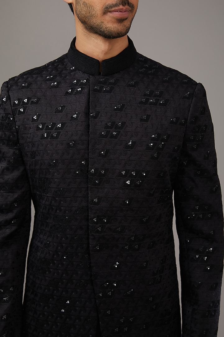 Black Jacquard Embroidered Groom Indowestern Set by Qbik Men at Pernia's Pop Up Shop