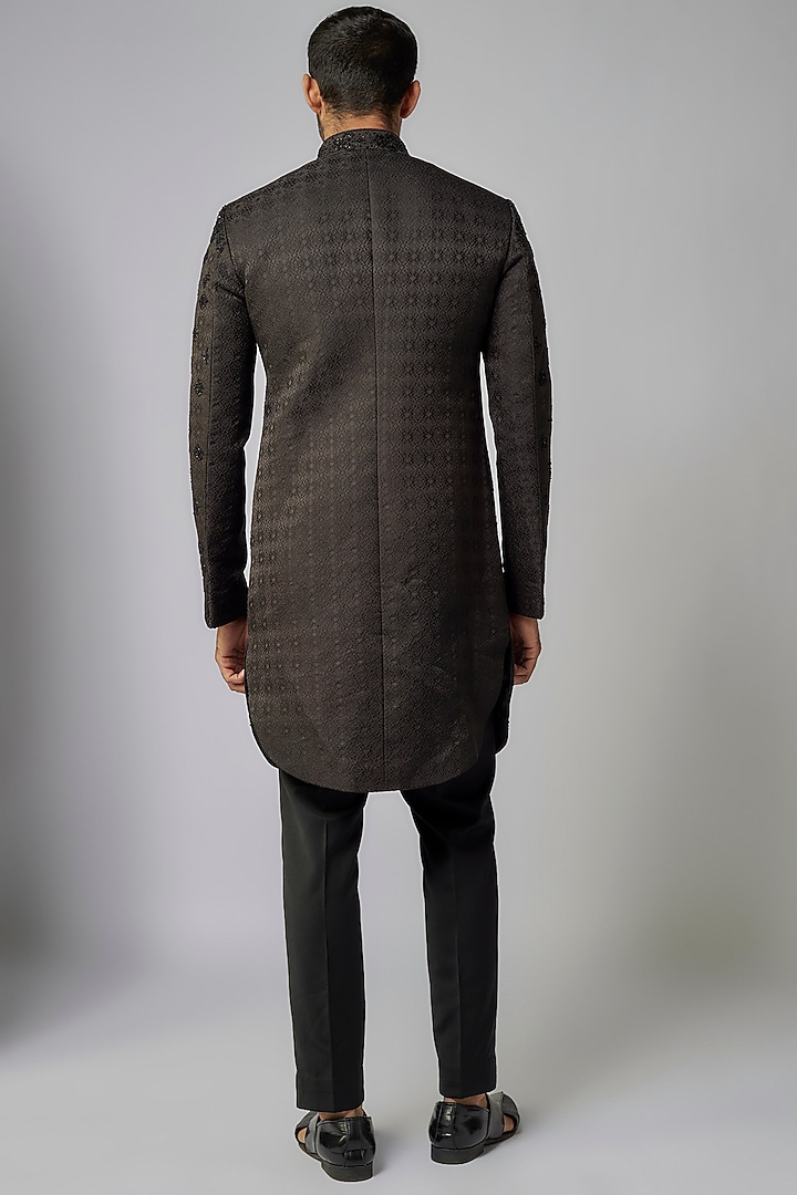 Black Silk Sequins Embroidered Groom Indowestern Set by Qbik Men at Pernia's Pop Up Shop