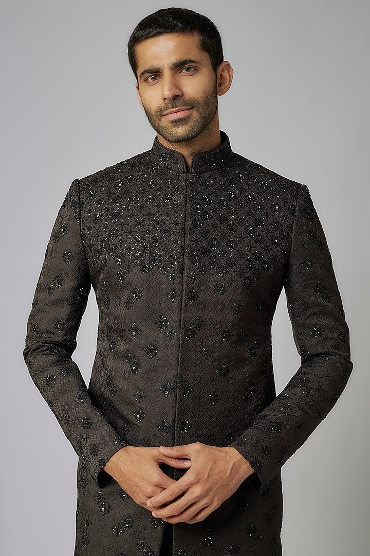 Black Silk Sequins Embroidered Groom Indowestern Set by Qbik Men at Pernia's Pop Up Shop