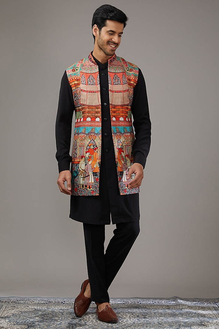 Multi-Colored Pashmina Silk Indowestern Set by Qbik Men