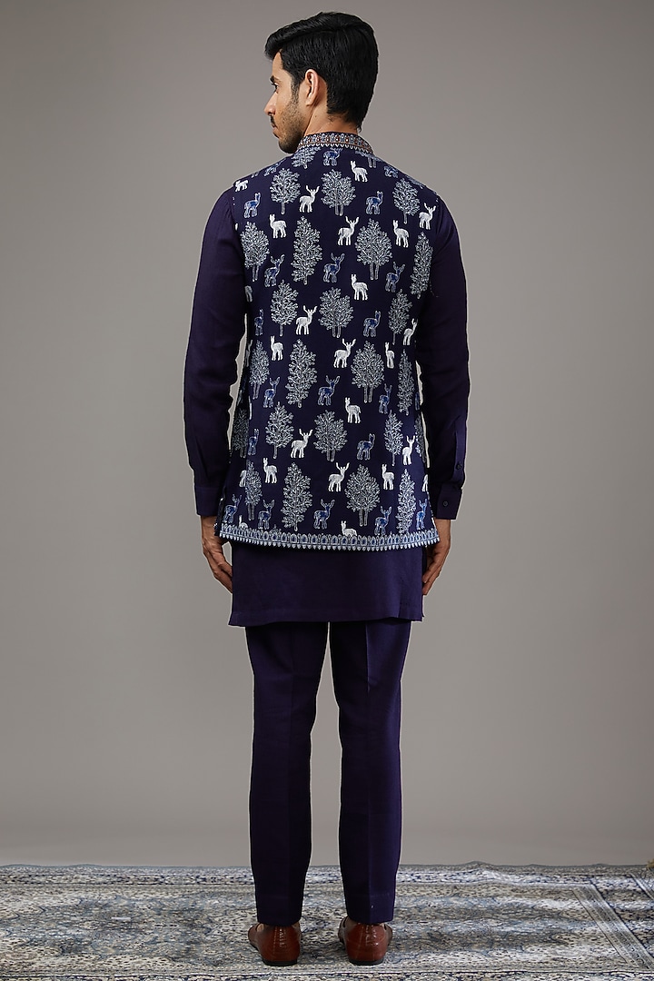 Blue Pashmina Silk Kashmiri Embroidered Nehru Jacket Set by Qbik Men at Pernia's Pop Up Shop