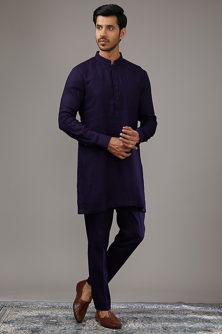 Blue Pashmina Silk Kashmiri Embroidered Nehru Jacket Set by Qbik Men at Pernia's Pop Up Shop