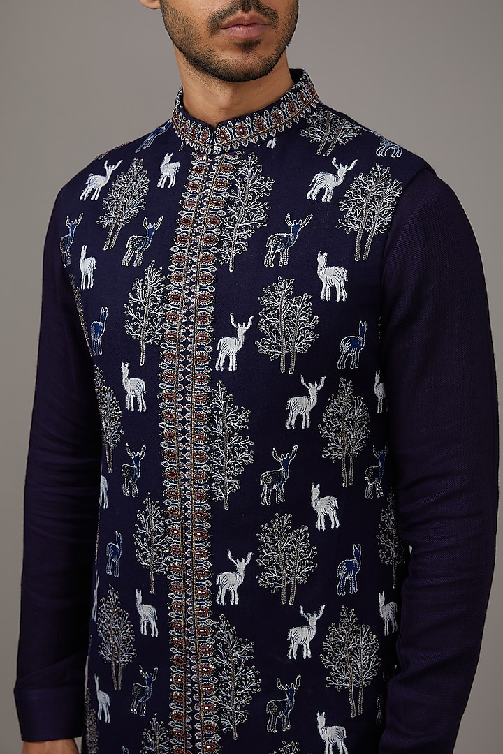 Blue Pashmina Silk Kashmiri Embroidered Nehru Jacket Set by Qbik Men at Pernia's Pop Up Shop