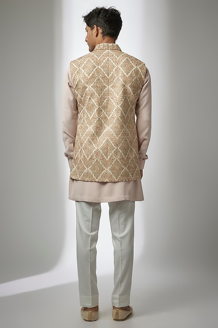 Gold Pashmina Silk Kashmiri Embroidered Nehru Jacket Set by Qbik Men at Pernia's Pop Up Shop