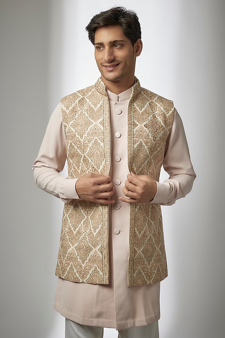 Gold Pashmina Silk Kashmiri Embroidered Nehru Jacket Set by Qbik Men at Pernia's Pop Up Shop
