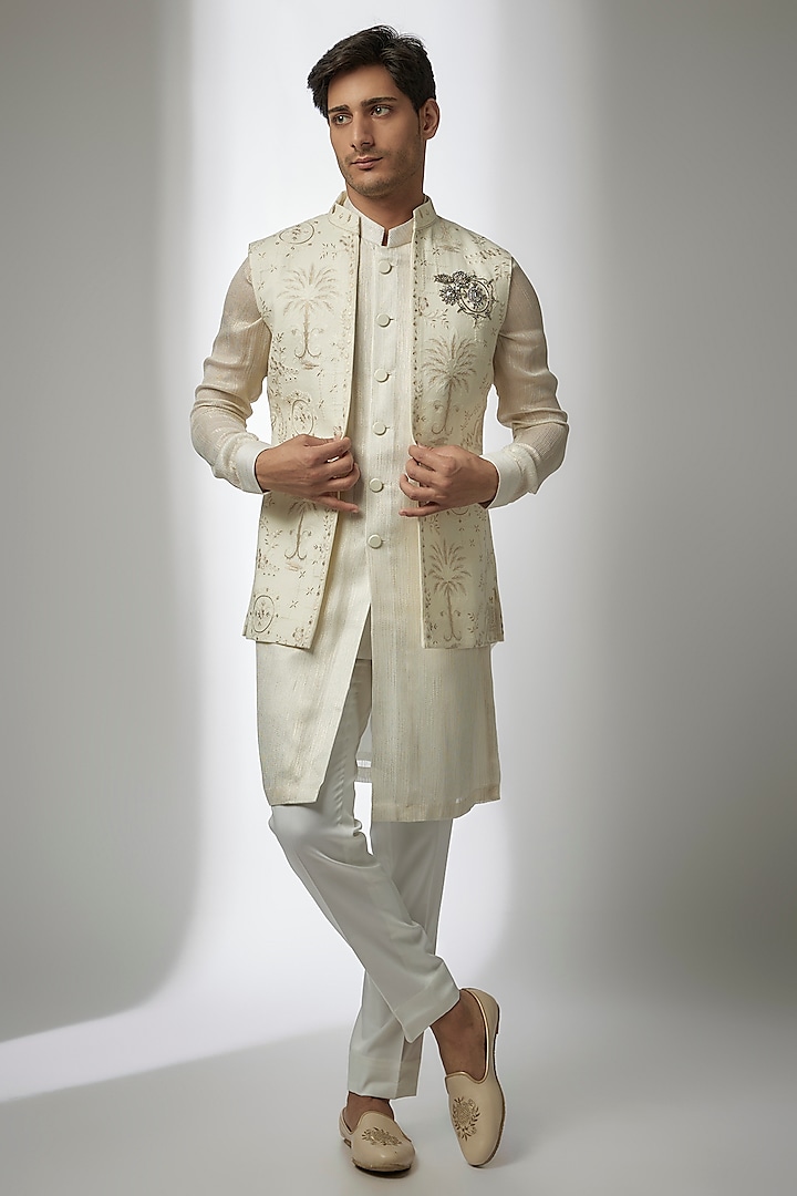 Ivory Silk Kashmiri Embroidered Nehru Jacket Set by Qbik Men