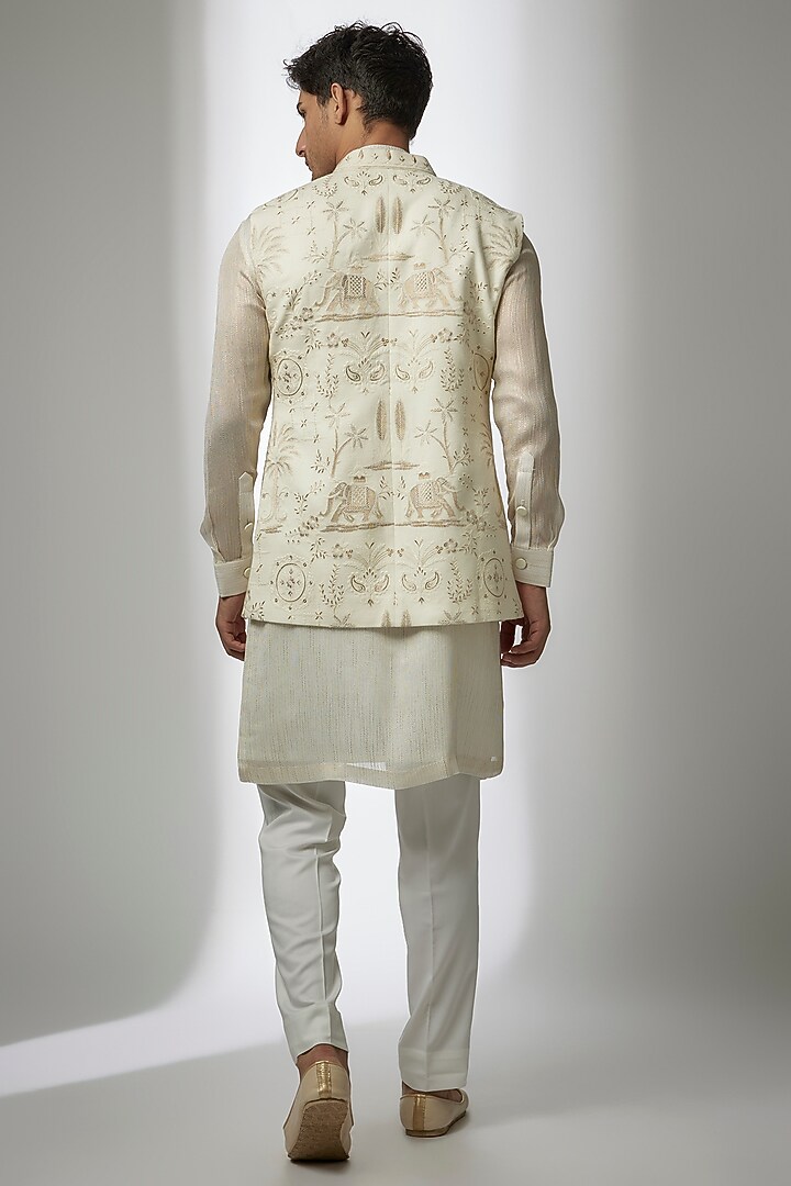 Ivory Silk Kashmiri Embroidered Nehru Jacket Set by Qbik Men at Pernia's Pop Up Shop