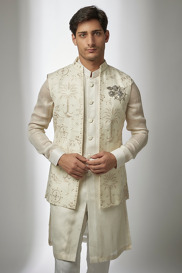Ivory Silk Kashmiri Embroidered Nehru Jacket Set by Qbik Men at Pernia's Pop Up Shop